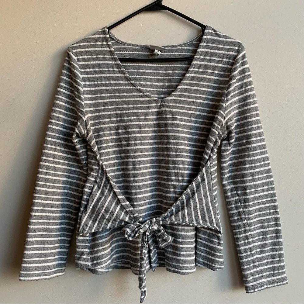 Striped V-neck Tie Waist Long Sleeve Shirt